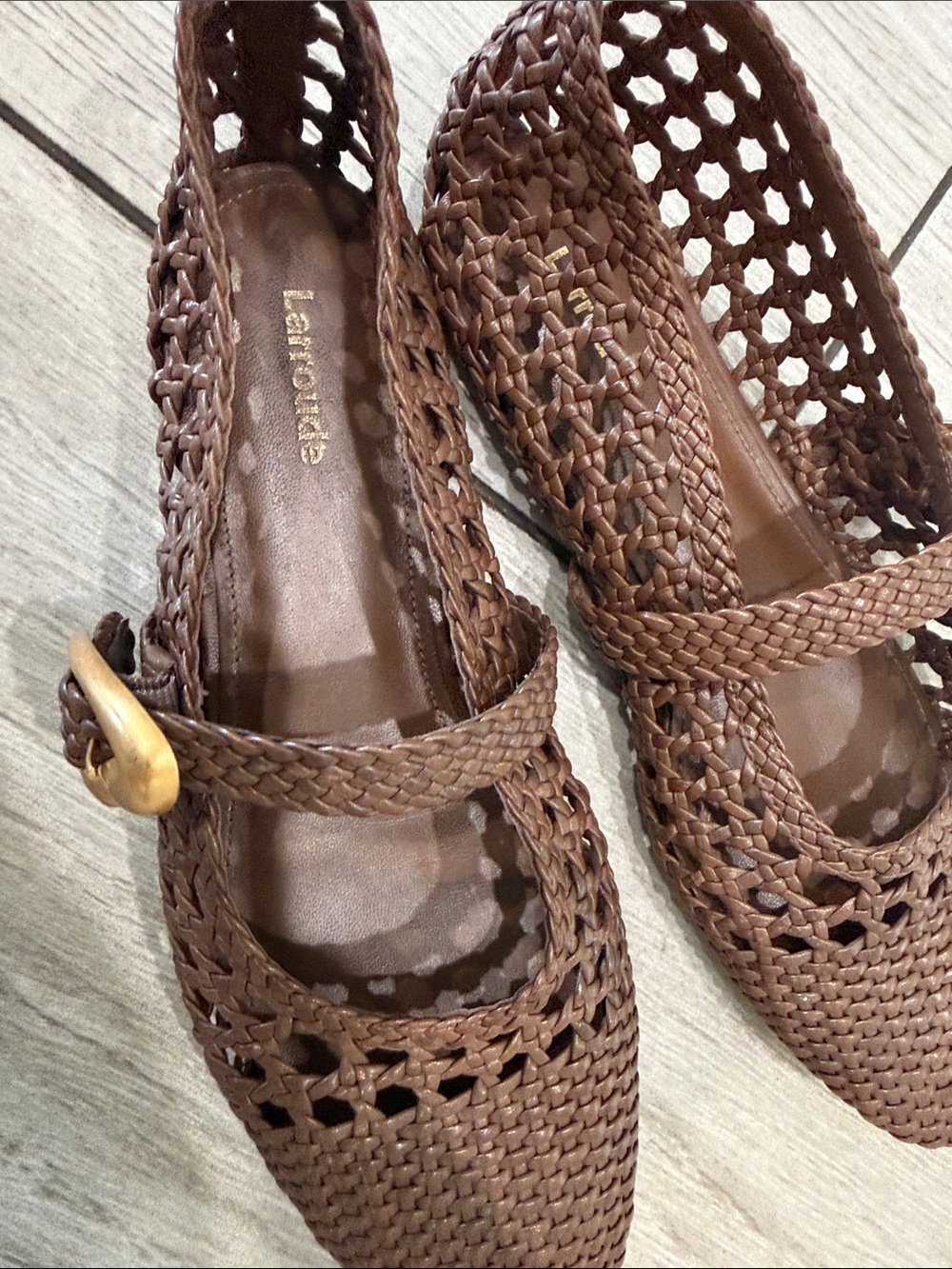 Larroude Woven Mary Jane Flats in Brown with Gold Buckle - Picture 5 of 6